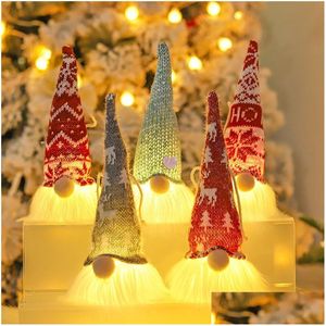 Decoraciones navideñas Light Up Gnomes Elf Hecho a mano Sueco Tomte Adornos 5 Color Muñeco de peluche Navidad Colgante Decoración Colgantes Gota Dhs4R