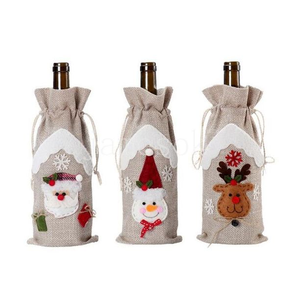 Décorations de Noël ensembles de bouteilles de lin Champagne bouteille sacs père noël bonhomme de neige wapiti vin sac en gros DE900