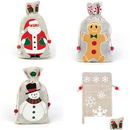 Decoraciones navideñas Bolsa de regalos de lino Dstring Papá Noel Copo de nieve Muñeco de nieve Bolsa de almacenamiento de arpillera de Navidad Fiesta de cumpleaños Gota de caramelo Del Dhyv5