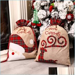 Kerstdecoraties Linnen Santa Sack Christmas Gift Bag Red Plaid DString Tote Bags Festival Decoratie Drop Delivery 2022 Home GA DHEHD