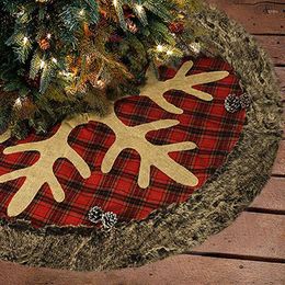 Decoraciones navideñas Falda de árbol LIXF 36 pulgadas Copo de nieve a cuadros de arpillera grande con borde grueso de piel sintética Decoración rústica de vacaciones de Navidad