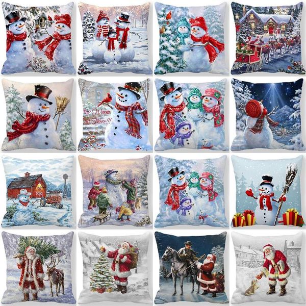 Décorations de Noël Luanqi Joyeux Coussin Couvre 45X45Cm Bonhomme De Neige Arbre Santa Cerf Imprimé Taie d'oreiller Décor À La Maison Taie D'oreiller Canapé