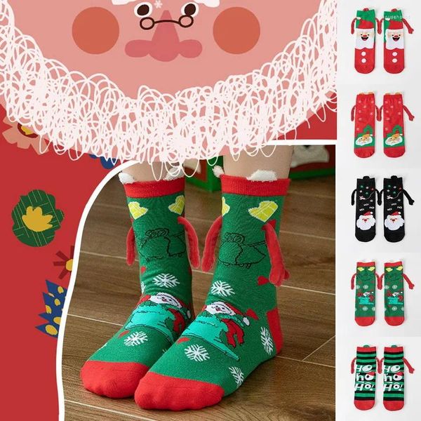 Décorations de Noël Main d'aspiration magnétique dans les chaussettes Noir Blanc Unisexe Tenant la main Longues filles Harajuku Couple mignon Chaussette en coton