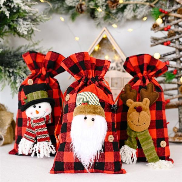 Adornos navideños Feliz caramelo lindo regalo bolsa decoración Navidad niños dibujos animados rojo negro tartán Santa Claus hogar reutilizable 2022 año