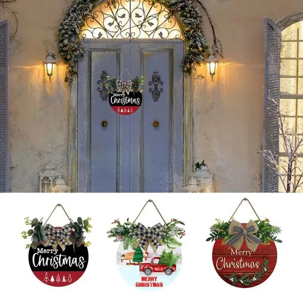 Decoraciones navideñas Feliz Navidad Corona Puerta principal Madera Redonda Navidad Porche Letrero Granja Navidad Durable Decoración para el hogar Suministros Productos 231023