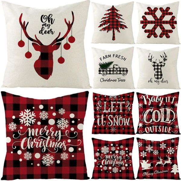 Décorations de noël joyeux housse de coussin rouge noir Plaid wapiti plante ornements carré taie d'oreiller fête cadeaux année