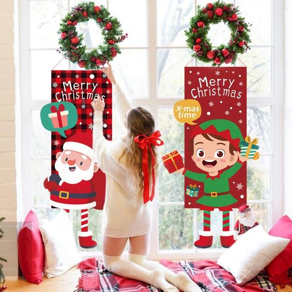 Decoraciones navideñas Feliz pierna larga Dibujos animados Santa Claus Elk Elf Muñeco de nieve Cartel Colgante Bandera Colgantes de Navidad Decoración de pared de vidrio para ventana del hogar