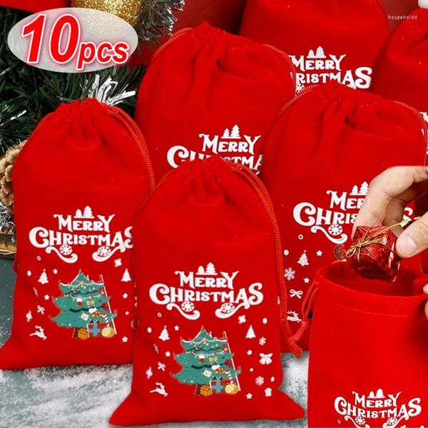 Decoraciones navideñas, bolsas de terciopelo rojo feliz, bolsa con cordón para dulces, regalos, bolsa de embalaje, almacenamiento de joyería, decoración para fiesta