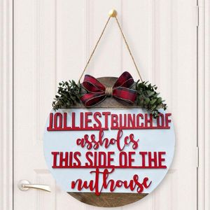 Adornos navideños Merry Sign colgante para puerta delantera, placa con letras de dibujos animados de madera, lazo rojo, estampado a cuadros, fiesta de año, decoración de pared para el hogar