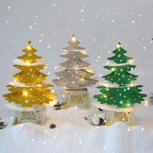 Kerstdecoraties Mini Desktop Kerstboom Ornamenten Glanzende 3D Pop-up Kaart met Lichten Xmas Decoratie JJA9125