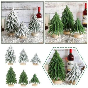 Décorations de Noël Mini arbres floqués uniques avec des bases en bois pour les accessoires de décoration de table