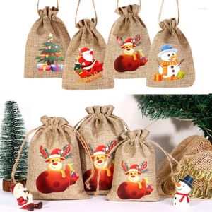 Décorations de Noël Sacs en jute naturel Sac cadeau à cordon Père Noël Bonhomme de neige Pochettes d'emballage Bijoux Emballage de stockage de bonbons