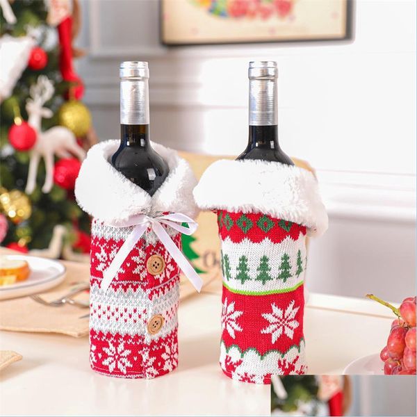 Décorations de Noël Nouvelle bouteille de vin en tricot de Noël ERS Bouteilles d'arbre de flocon de neige ER avec Bowknot Bière Année de Noël Décoration de la maison Drop D DH8SJ