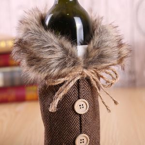 Adornos navideños, nuevos juegos de vino de Europa y América, accesorios de decoración navideña, juegos de botellas de vino tinto con cuello de piel de lino y lazo