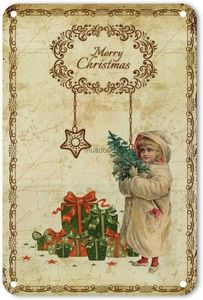 Décorations de Noël Old Time Santa avec fille en aluminium - Panneau mural en métal - Plaque classique de la nuit sainte - ArtL231111