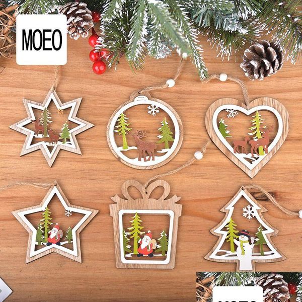 Décorations de Noël Ornements Arbre découpé au laser en bois Double couche Pentagramme Pendentif Drop Livraison Maison Jardin Fête Fête Suppl Dhisf