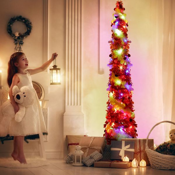 Décorations de Noël OurWarm 5 pieds Pop Up Tinsel Sapin de Noël artificiel pliable avec lumières 8 modes Décoration de Noël 221014