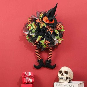 Décorations de Noël en plein air Halloween gothique ornement couronne porte vacances sorcière chapeau jambe avant cintre décoration HKD230922