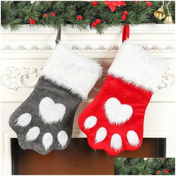 Décorations De Noël Fête Chien Chat Patte Bas Chaussettes Suspendues Arbre Ornement Décor Bonneterie En Peluche Noël Enfants Cadeau Bonbons Sac Drop Deliv Dhdsh