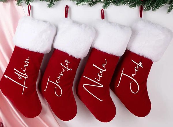 Décorations de Noël Bas personnalisés Bas personnalisés avec nom de famille Sac cadeau de vacances en velours rouge pour enfants