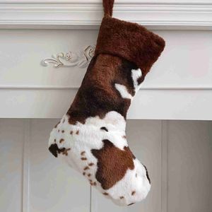 Décorations de Noël Chaussettes de Noël en toile de jute occidentales personnalisées avec motif de vache en peluche fourrure artificielle bas de Noël x1019