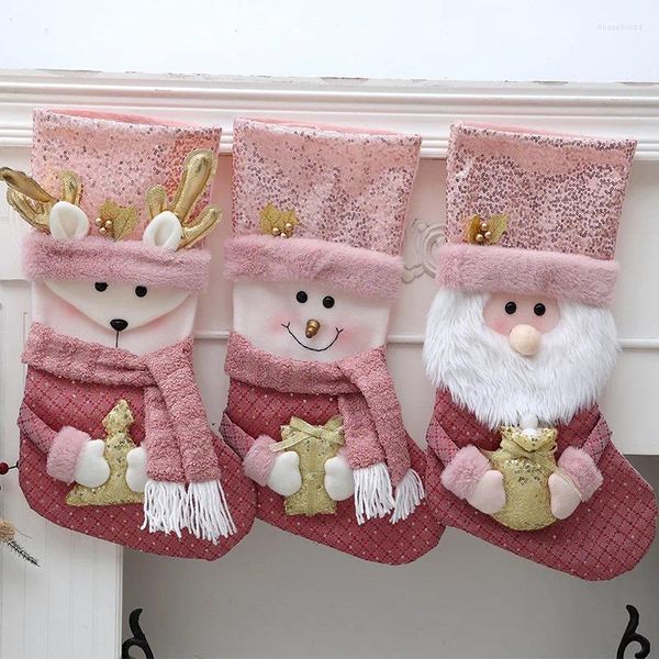 Decoraciones navideñas, calcetines rosas, adornos, colgante, año para niños, bolsas de dulces, regalo, árbol, decoración de joyería