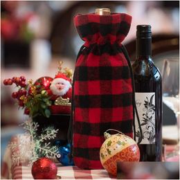 Décorations de Noël Sacs de bouteille de vin à carreaux DString Red Er Sac cadeau Décoration festive HHA804 Drop Livraison Home Garden Party Suppli Dhire
