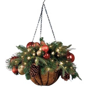 Décorations de Noël panier suspendu pré-éclairé avec plantes artificielles Led guirlandes lumineuses pommes de pin givrées pour jardin extérieur intérieur