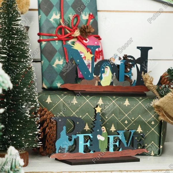 Decoraciones navideñas Putuo Decor 1 pieza Mesa Joy Noel Believe Natividad Letrero de madera Adorno de escritorio para el hogar 7 x 37 pulgadas 231120