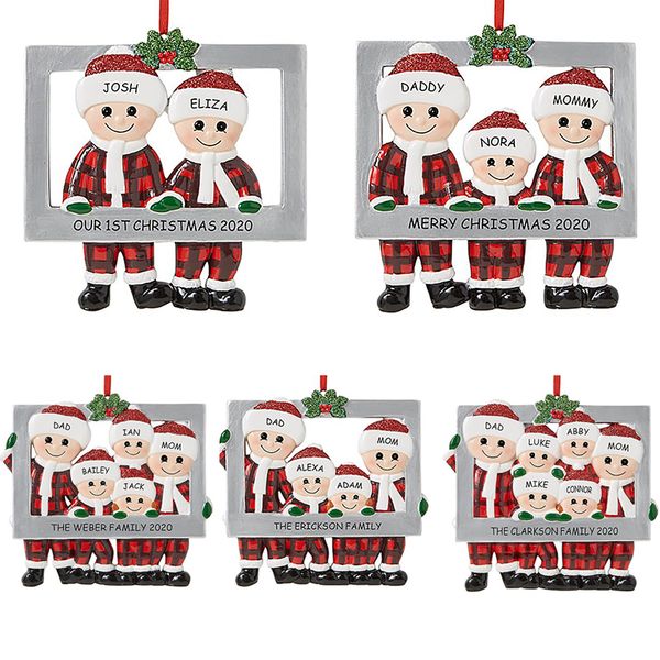 Décorations de Noël en résine Ornement de la famille de Noël mignonne Plaid rouge Santa Claus Pendant Nom de bricolage Frame photo