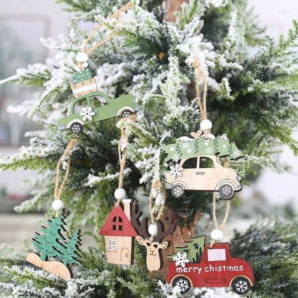 Decoraciones navideñas Q1JA 6x/Set Árbol Cabina Elk Coche Colgante de madera Adorno colgante Po Props