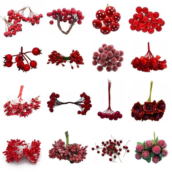 Décorations de Noël Thème rouge Fleur artificielle Cerise Étamine Baies Bundle DIY Décoration de Noël Gâteau de mariage Boîte cadeau Couronnes Décor de Noël 231113