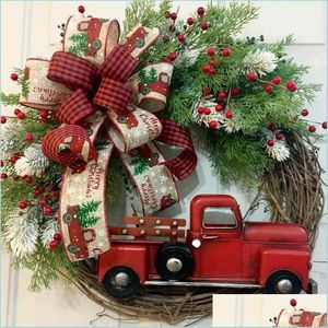 Kerstdecoraties Rode Truck Kerstmis krans rustieke herfst voordeur kunstmatige slingers boerderij kersen met lint ophangend f dhimy