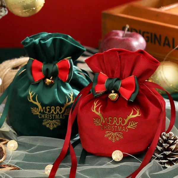 Decoraciones navideñas, bolsa de regalo de dulces de reno, sacos de Papá Noel de terciopelo, decoración con cordón, recuerdo de fiesta para niños, año 2024