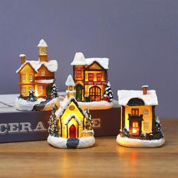 Kerstversiering Hars Huis LED-verlichting Kerstscène Dorp Miniatuur Decoratie Ornament Jaar 2022 Noel Gifts301z
