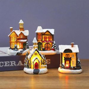 Kerstversiering Hars Huis LED-verlichting Kerstscène Dorp Miniatuur Decoratie Ornament Jaar 2022 Noel Gifts304I
