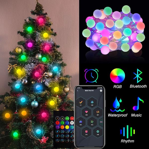 Décorations de Noël RGB IC Arbre de Noël Fée Guirlande Lumineuse LED Boule Guirlande Bluetooth Multi-Couleur Étanche Lampe Extérieure Noël Fête De Mariage Décor 231127