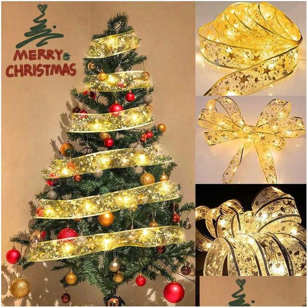 Décorations de Noël Ruban Fée Lumière LED Ornements d'arbre Glowing DIY Bows String Lights pour l'année fête d'anniversaire décor à la maison Drop D Dhkzf
