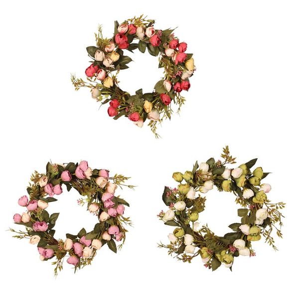 Adornos navideños, corona de flores rosas, guirnalda de primavera Artificial Floral hecha a mano para puerta delantera, pared, boda, fiesta, decoración del hogar