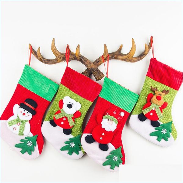 Decoraciones navideñas Santa Claus Elk Bear Imprimir Año Calcetines de Navidad Bolsa de regalo de caramelo Pana Boca Medio Árbol de Navidad Colgante Decorat Dhr8E