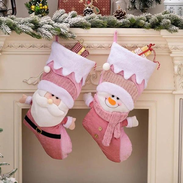 Décorations de Noël Bas de Père Noël Sac cadeau réutilisable avec capacité Conception de bonhomme de neige rose pour Noël