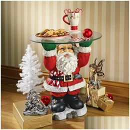 Decoraciones navideñas Bandeja de Santa Claus Galleta Caramelo Merienda Regalo Pantalla Resina Scpture Mesa superior de vidrio Decoración artesanal para el hogarNavidad Otldq