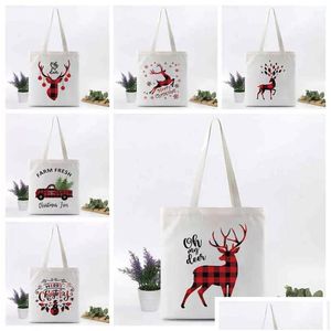 Kerstdecoraties Santa Print Zakken canvas jute tas cadeau shoder tassen kinderen dstring groot formaat kerstfeest decorati drop levering dh2hc