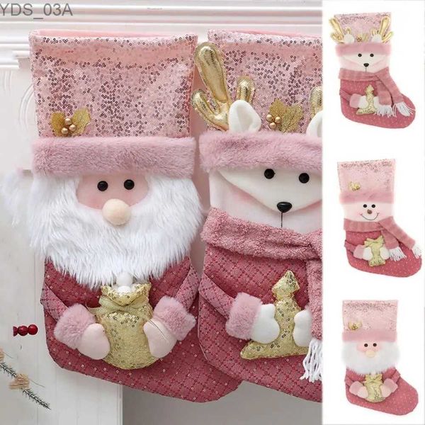 Decoraciones navideñas Calcetín de Papá Noel Calcetines decorativos de Navidad Bolsas de dulces para niños Bolsa de regalo de tela rosa para fiesta de niños Colgante de árbol de Navidad YQ231115