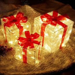 Décorations de Noël Ensemble de 3 60 coffrets cadeaux éclairés par LED Décorations de boîte blanche chaude transparente présente des boîtes avec Bo rouge 231120
