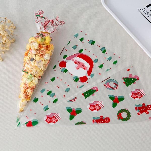 Adornos navideños en forma de bricolaje Snack Packaging Suministros para fiestas Santa Claus Deer Patrones de Navidad mixtos Bolsas de cono Bolsas de celofán