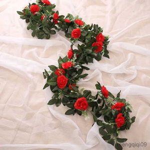 Décorations de Noël en soie artificielle rose vigne fleurs suspendues pour mur de Noël plantes en rotin feuilles guirlande romantique mariage décoration de la maison