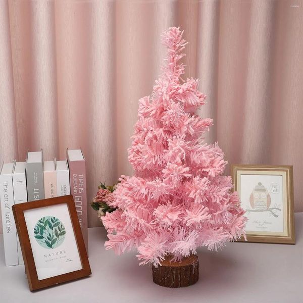 Decoraciones navideñas Simulación Mini árbol rosa con base de bloque de madera Adornos de escritorio flocado artificial Decoración de oficina en casa de Navidad