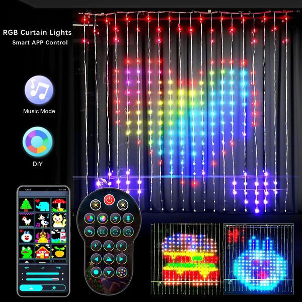 Décorations de Noël Smart LED RGB Rideau String Lights Bluetooth APP Contrôle Noël Fée Guirlande Lumineuse DIY Photo Affichage Fête De Mariage Décor 231127