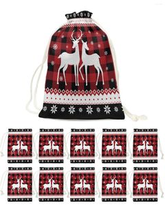 Kerstdecoraties Snowflake Elk Red Plaid Candy Bags Santa Gift Bag Home Party Navidad Xmas Linen Packing Supplies